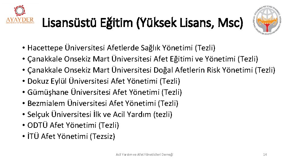 Lisansüstü Eğitim (Yüksek Lisans, Msc) • Hacettepe Üniversitesi Afetlerde Sağlık Yönetimi (Tezli) • Çanakkale