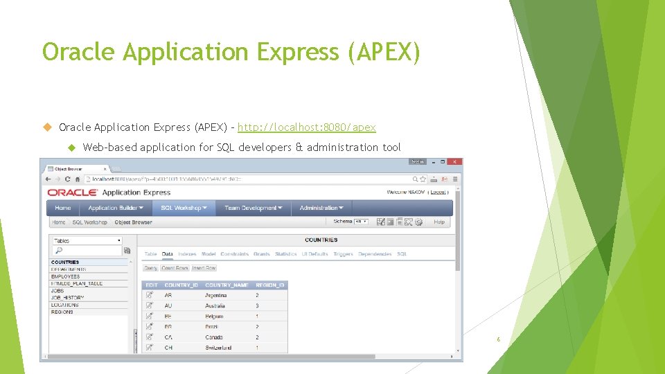 Oracle Application Express (APEX) – http: //localhost: 8080/apex Web-based application for SQL developers &