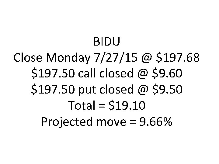 BIDU Close Monday 7/27/15 @ $197. 68 $197. 50 call closed @ $9. 60