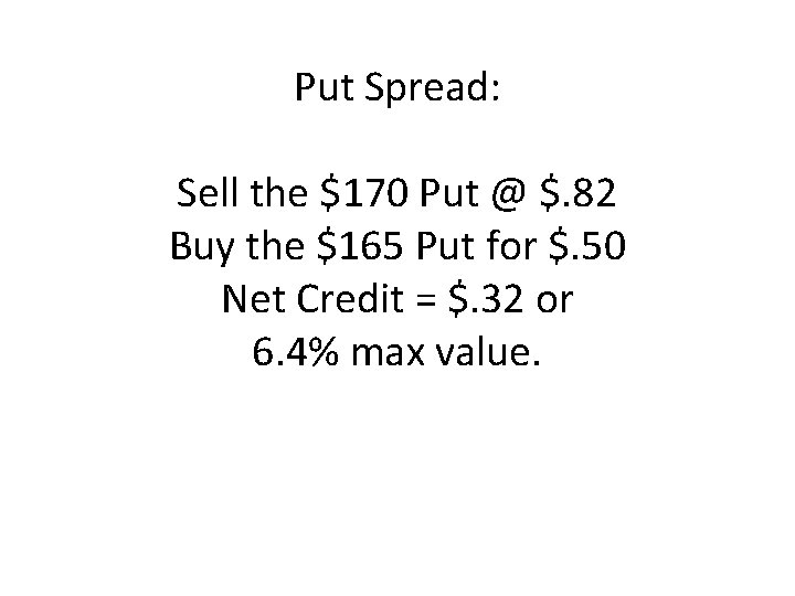 Put Spread: Sell the $170 Put @ $. 82 Buy the $165 Put for