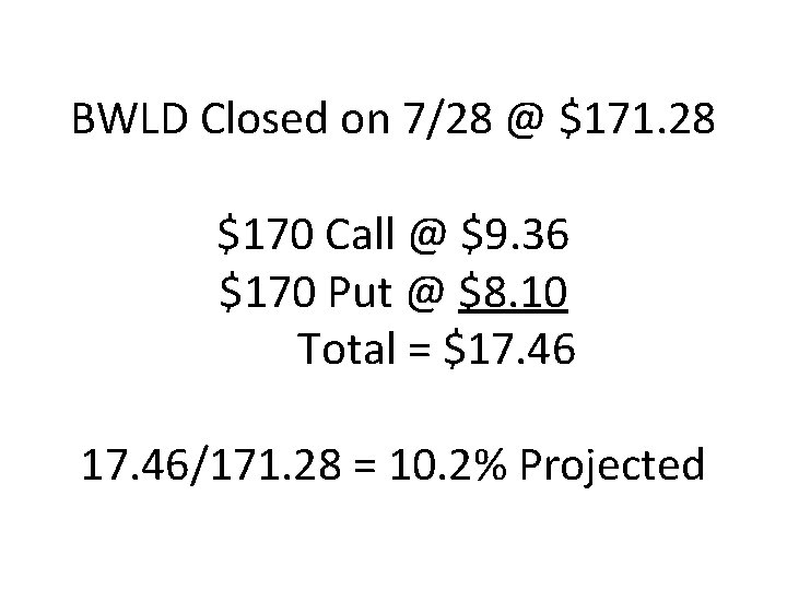 BWLD Closed on 7/28 @ $171. 28 $170 Call @ $9. 36 $170 Put