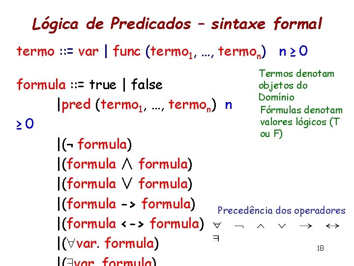 Lógica de Predicados – sintaxe formal termo : : = var | func (termo
