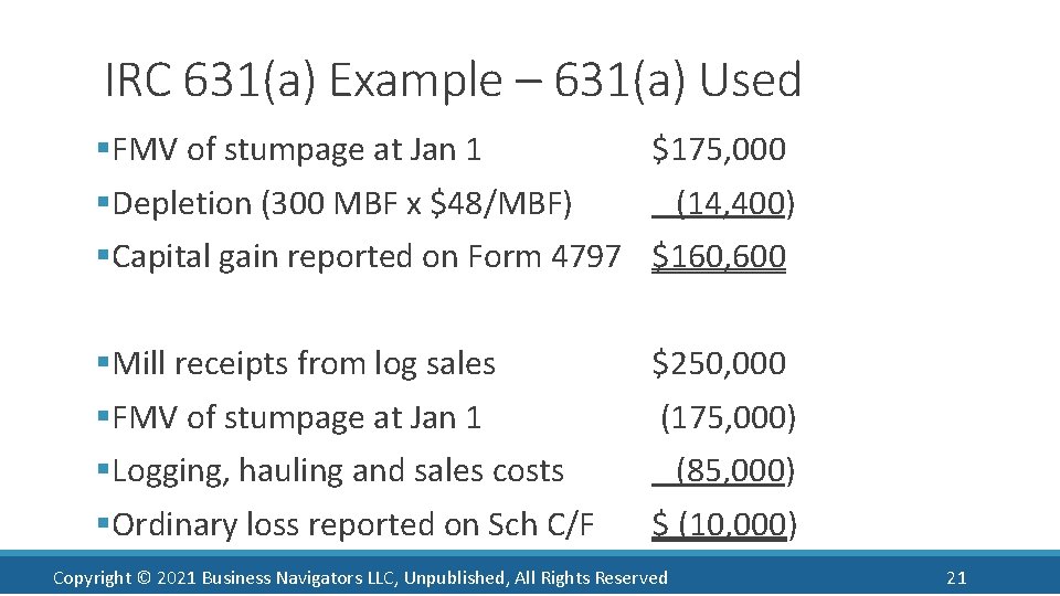 IRC 631(a) Example – 631(a) Used §FMV of stumpage at Jan 1 $175, 000