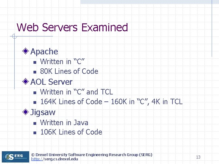 Web Servers Examined Apache n n Written in “C” 80 K Lines of Code Web Servers Examined Apache n n Written in “C” 80 K Lines of Code
