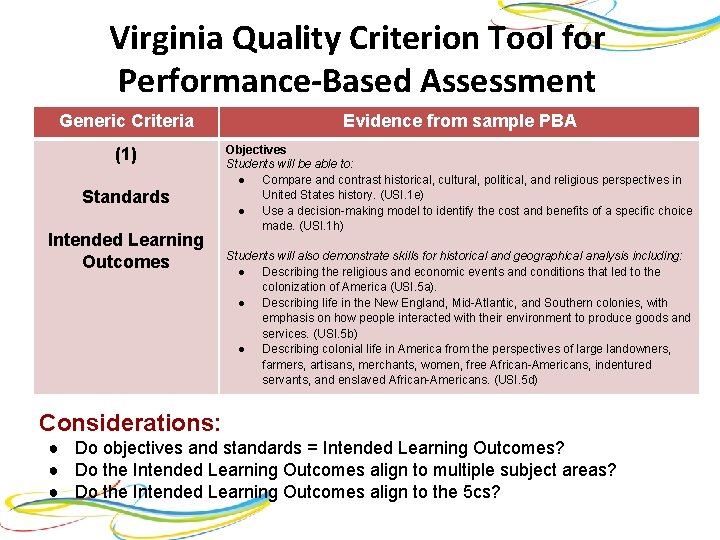 Virginia Quality Criterion Tool for Performance-Based Assessment Generic Criteria Evidence from sample PBA (1)