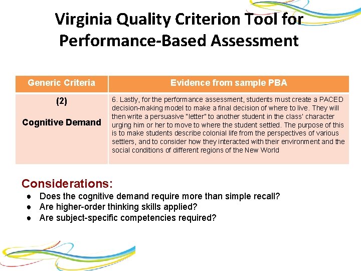Virginia Quality Criterion Tool for Performance-Based Assessment Generic Criteria Evidence from sample PBA (2)