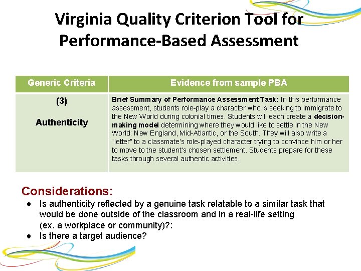 Virginia Quality Criterion Tool for Performance-Based Assessment Generic Criteria Evidence from sample PBA (3)