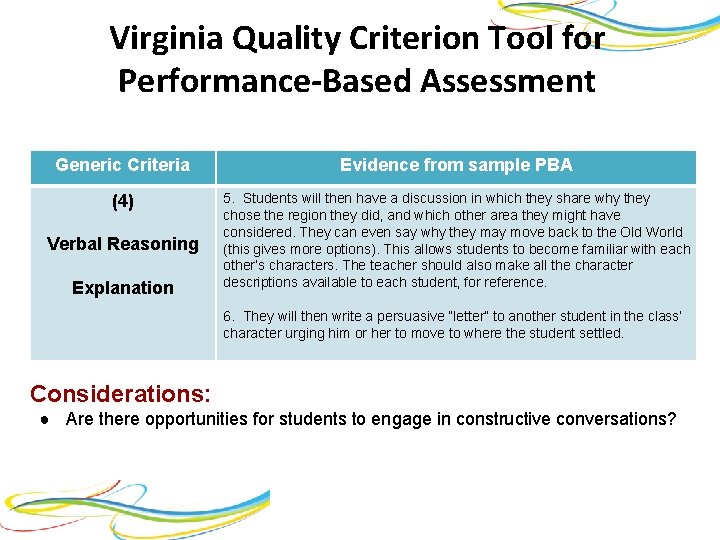 Virginia Quality Criterion Tool for Performance-Based Assessment Generic Criteria Evidence from sample PBA (4)