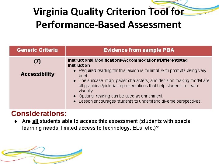 Virginia Quality Criterion Tool for Performance-Based Assessment Generic Criteria Evidence from sample PBA (7)