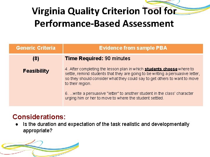 Virginia Quality Criterion Tool for Performance-Based Assessment Generic Criteria (8) Feasibility Evidence from sample