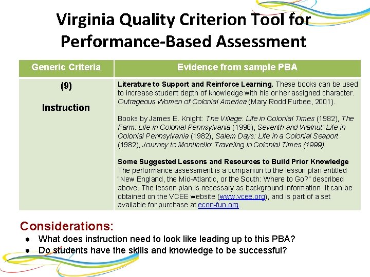 Virginia Quality Criterion Tool for Performance-Based Assessment Generic Criteria Evidence from sample PBA (9)