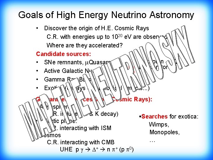 Goals of High Energy Neutrino Astronomy • Discover the origin of H. E. Cosmic