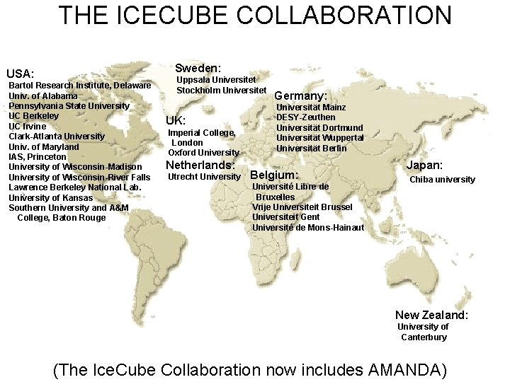 THE ICECUBE COLLABORATION Sweden: USA: Bartol Research Institute, Delaware Univ. of Alabama Pennsylvania State
