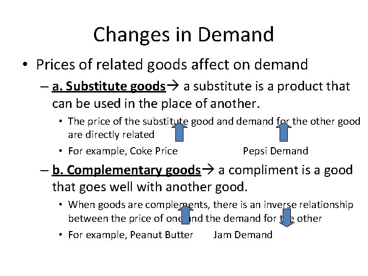 Changes in Demand • Prices of related goods affect on demand – a. Substitute