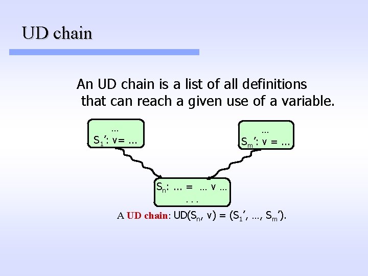 UD chain An UD chain is a list of all definitions that can reach UD chain An UD chain is a list of all definitions that can reach