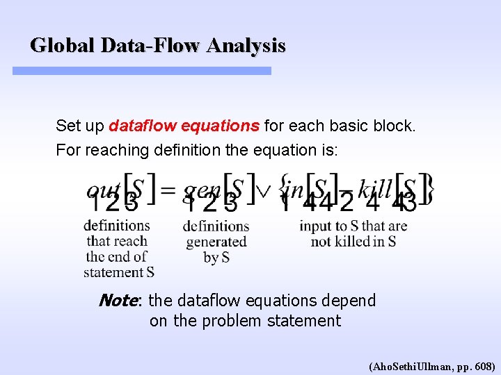 Global Data-Flow Analysis Set up dataflow equations for each basic block. For reaching definition Global Data-Flow Analysis Set up dataflow equations for each basic block. For reaching definition
