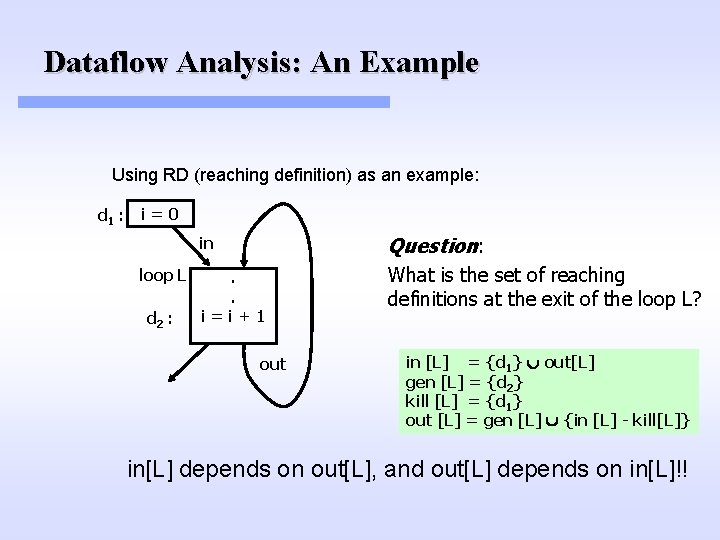 Dataflow Analysis: An Example Using RD (reaching definition) as an example: d 1 : Dataflow Analysis: An Example Using RD (reaching definition) as an example: d 1 :