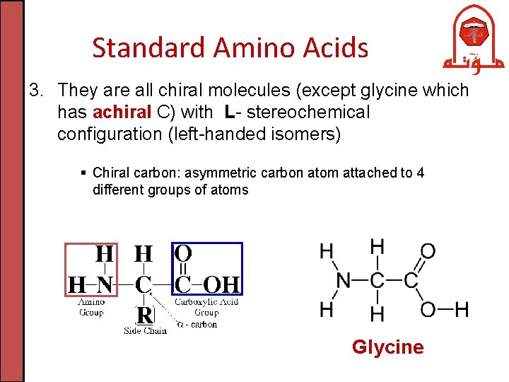 Standard Amino Acids 3. They are all chiral molecules (except glycine which has achiral