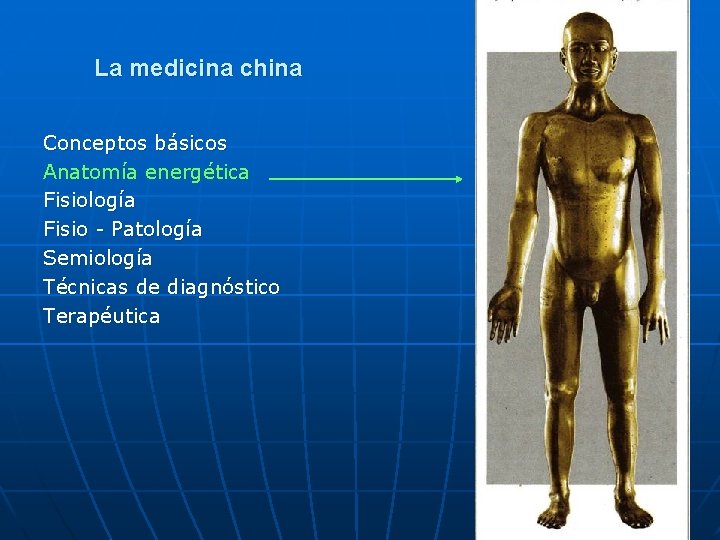La medicina china Conceptos básicos Anatomía energética Fisiología Fisio - Patología Semiología Técnicas de