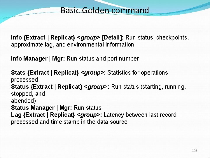 Basic Golden command Info {Extract | Replicat} <group> [Detail]: Run status, checkpoints, approximate lag,