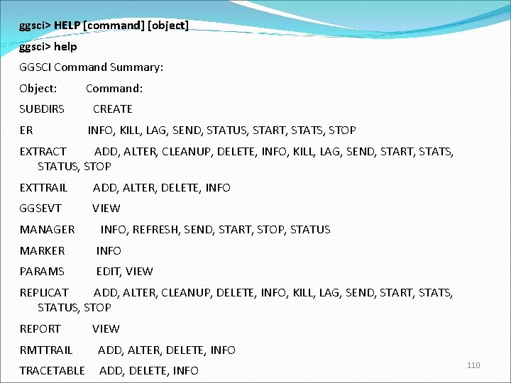 ggsci> HELP [command] [object] ggsci> help GGSCI Command Summary: Object: Command: SUBDIRS CREATE ER