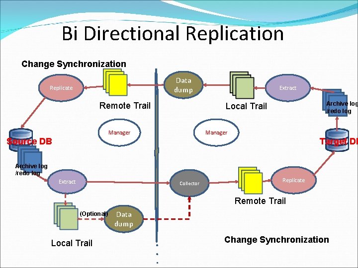 Bi Directional Replication Change Synchronization Data dump Replicate Remote Trail Extract Archive log /redo