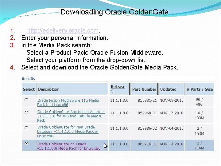 Downloading Oracle Golden. Gate 1. In http: //edelivery. oracle. com. 2. Enter your personal