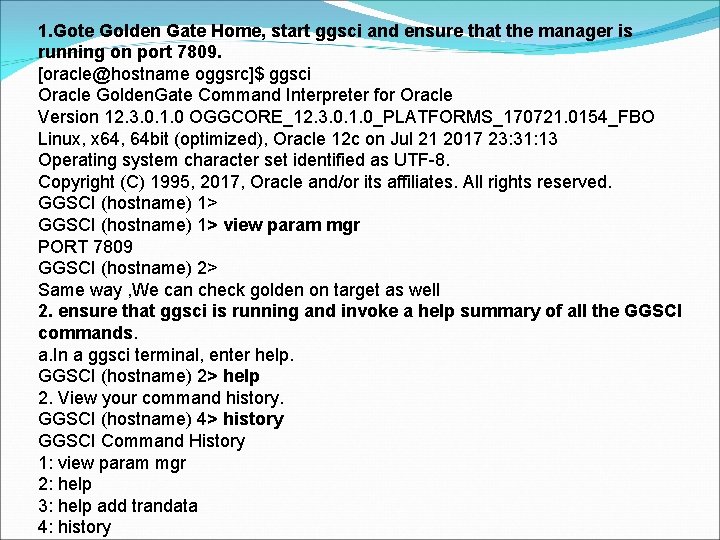 1. Gote Golden Gate Home, start ggsci and ensure that the manager is running