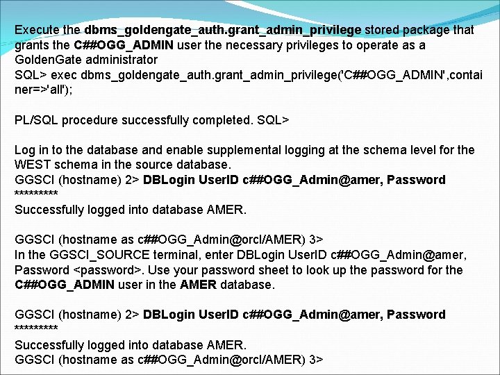 Execute the dbms_goldengate_auth. grant_admin_privilege stored package that grants the C##OGG_ADMIN user the necessary privileges