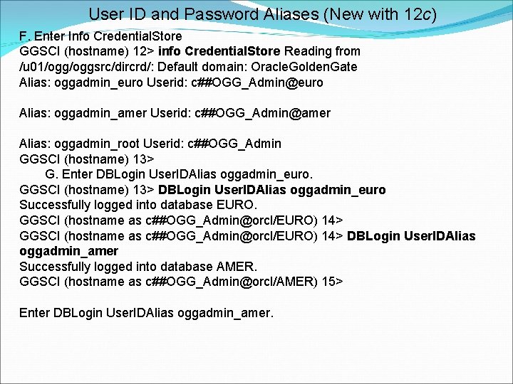 User ID and Password Aliases (New with 12 c) F. Enter Info Credential. Store