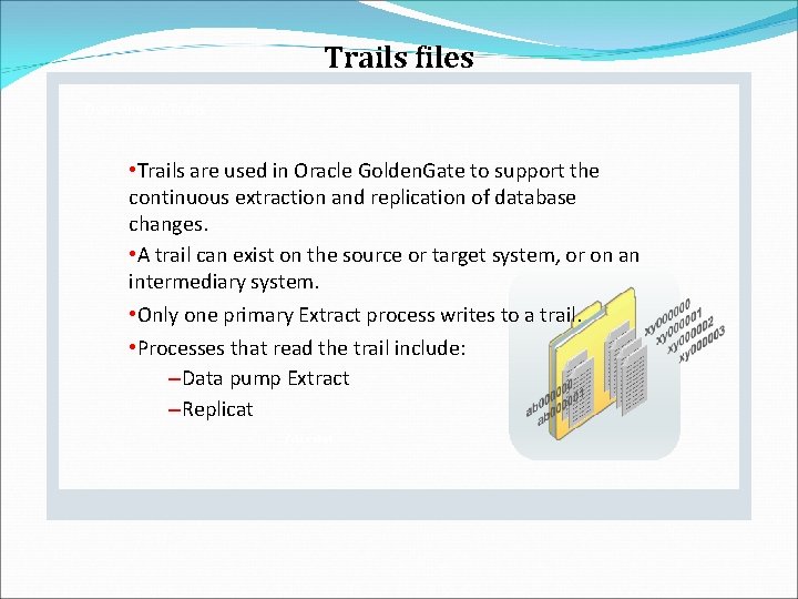 Trails files Overview of Trails • Trails are used in Oracle Golden. Gate to