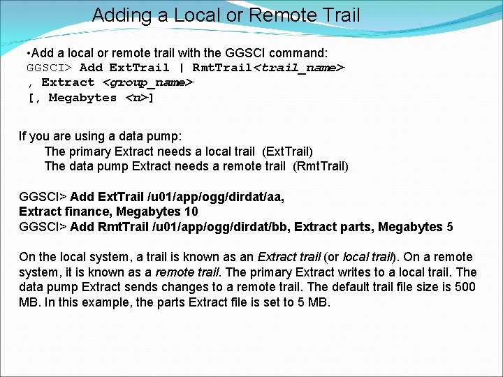 Adding a Local or Remote Trail • Add a local or remote trail with