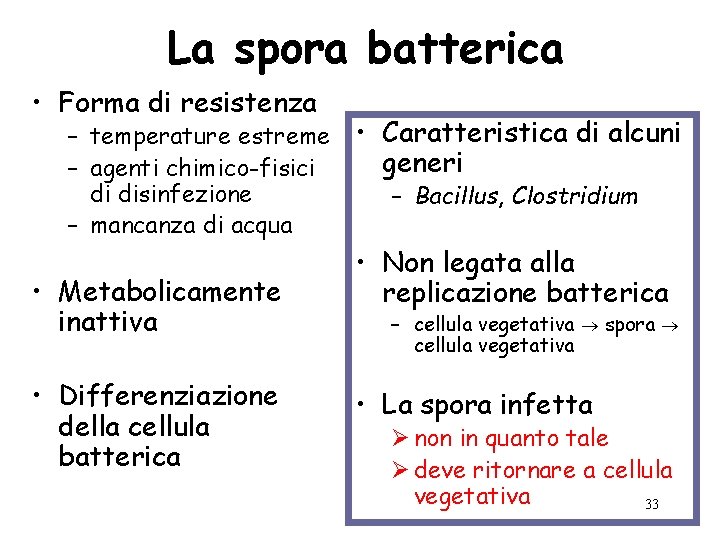 La spora batterica • Forma di resistenza – temperature estreme – agenti chimico-fisici di