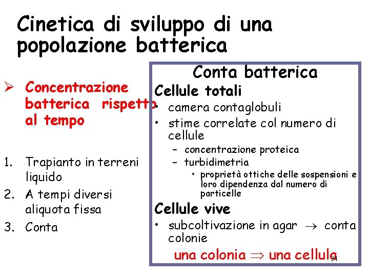 Cinetica di sviluppo di una popolazione batterica Conta batterica Ø Concentrazione Cellule totali batterica