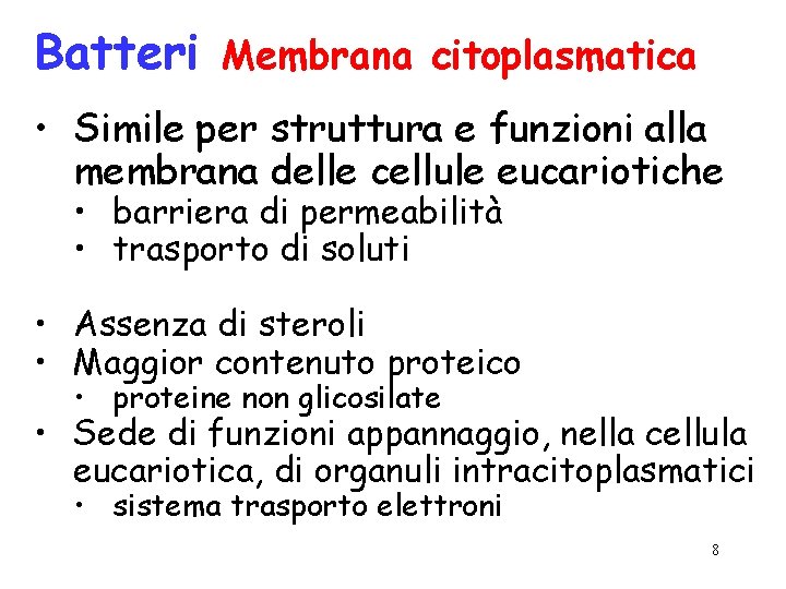 Batteri Membrana citoplasmatica • Simile per struttura e funzioni alla membrana delle cellule eucariotiche