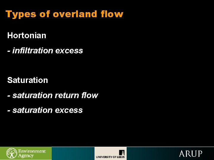 Types of overland flow Hortonian - infiltration excess Saturation - saturation return flow -