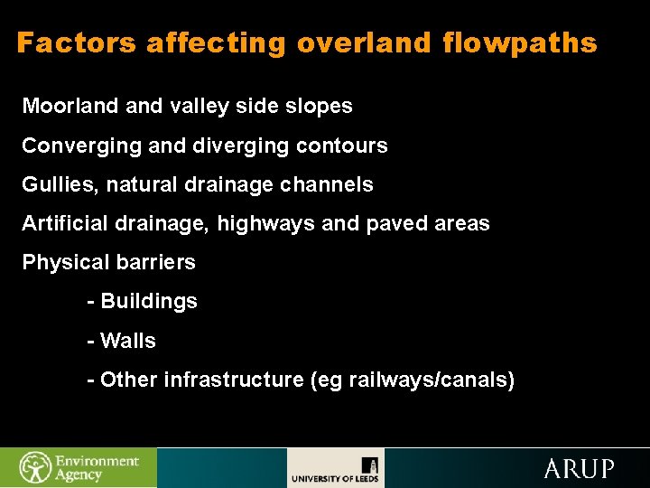 Factors affecting overland flowpaths Moorland valley side slopes Converging and diverging contours Gullies, natural