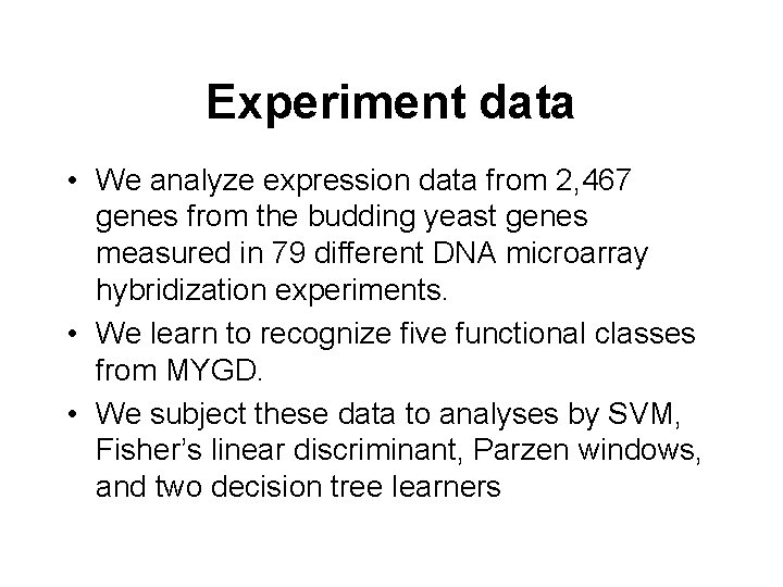 Experiment data • We analyze expression data from 2, 467 genes from the budding