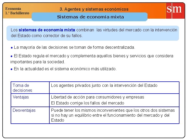 Economía 1. º Bachillerato 3. Agentes y sistemas económicos Sistemas de economía mixta Los