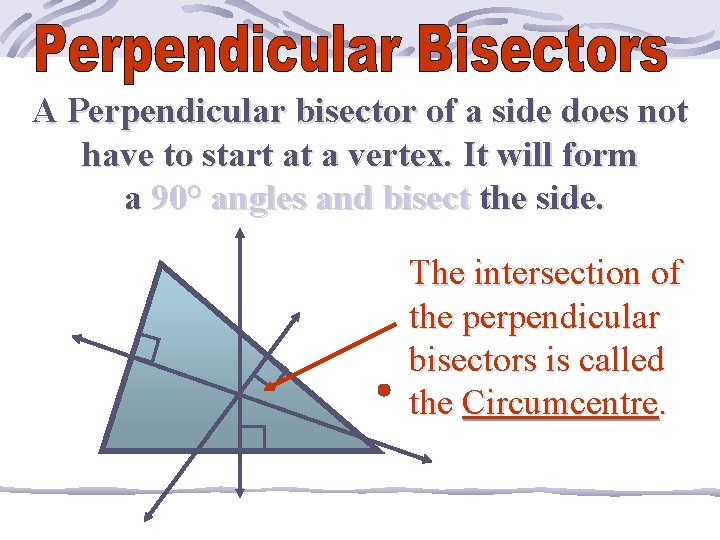 A Perpendicular bisector of a side does not have to start at a vertex.