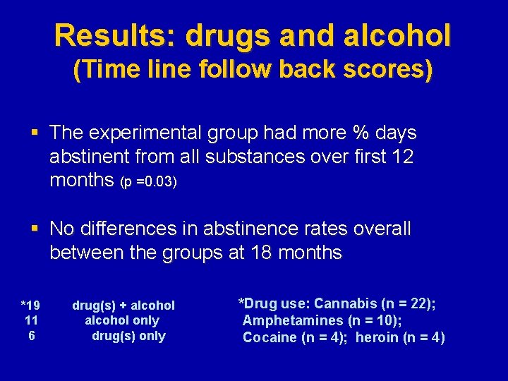 Results: drugs and alcohol (Time line follow back scores) § The experimental group had