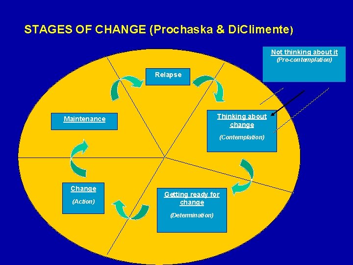STAGES OF CHANGE (Prochaska & Di. Climente) Not thinking about it (Pre-contemplation) Relapse Thinking