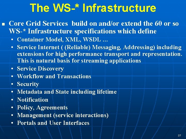 The WS-* Infrastructure n Core Grid Services build on and/or extend the 60 or