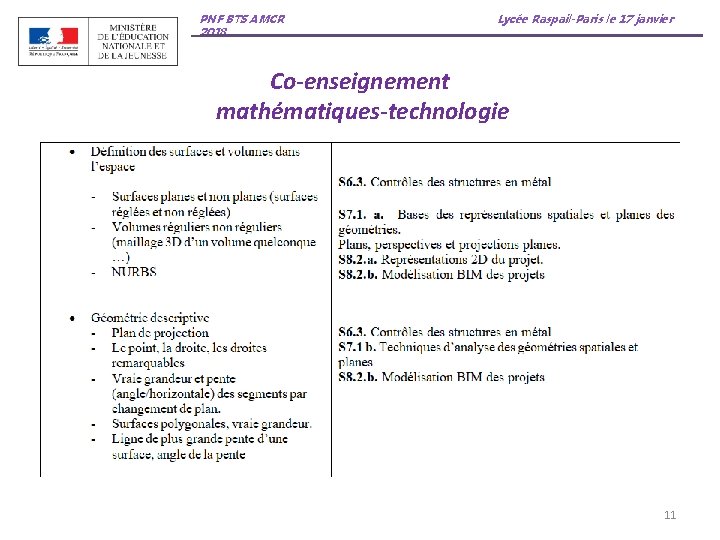 PNF BTS AMCR 2018 Lycée Raspail-Paris le 17 janvier Co-enseignement mathématiques-technologie 11 