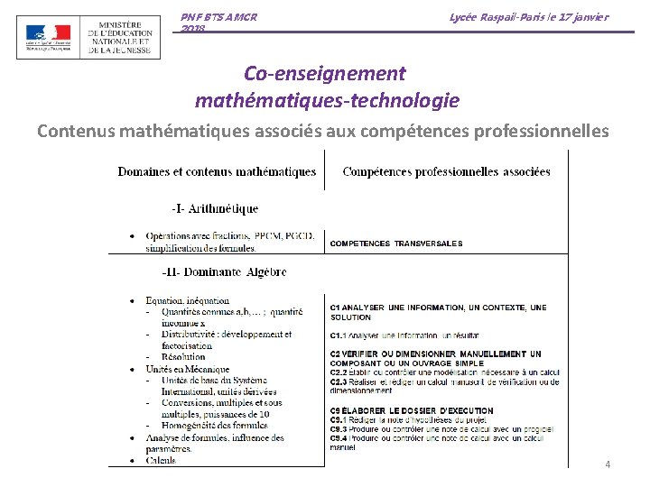 PNF BTS AMCR 2018 Lycée Raspail-Paris le 17 janvier Co-enseignement mathématiques-technologie Contenus mathématiques associés