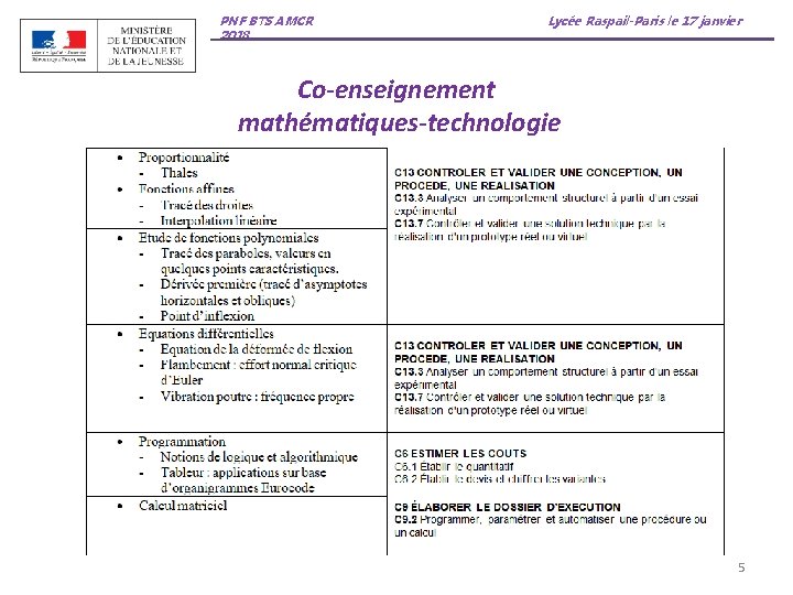 PNF BTS AMCR 2018 Lycée Raspail-Paris le 17 janvier Co-enseignement mathématiques-technologie 5 