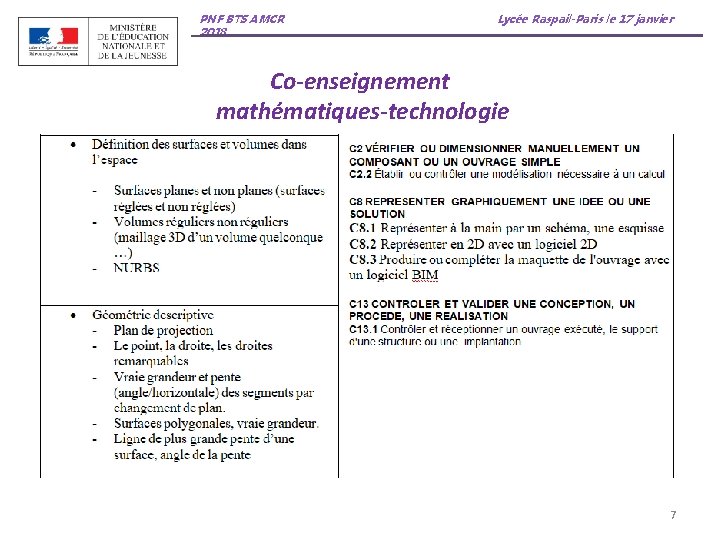 PNF BTS AMCR 2018 Lycée Raspail-Paris le 17 janvier Co-enseignement mathématiques-technologie 7 