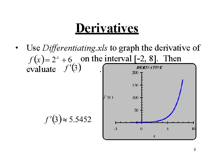 Derivatives • Use Differentiating. xls to graph the derivative of on the interval [-2,