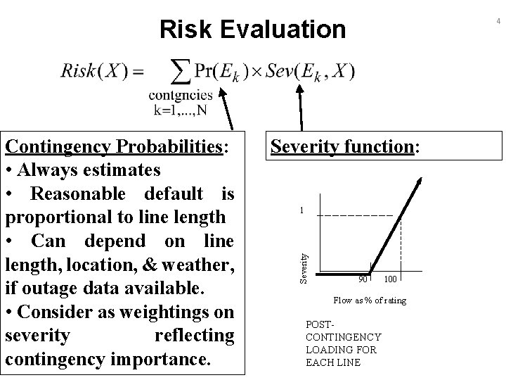Risk Evaluation Severity function: 1 Severity Contingency Probabilities: • Always estimates • Reasonable default
