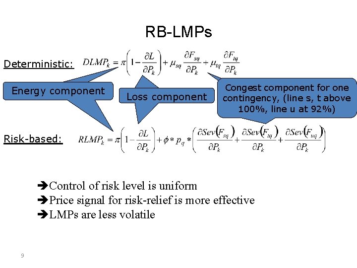 RB-LMPs Deterministic: Energy component cost Loss component cost Congest component for one contingency, (line